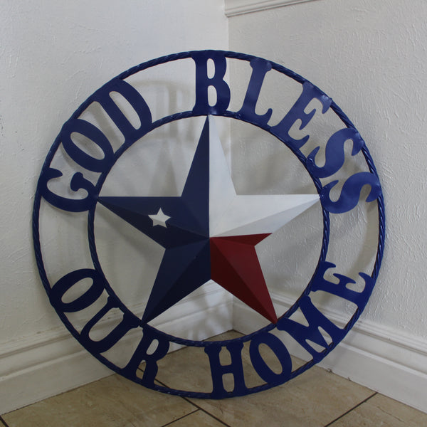 GOD BLESS OUR HOME BARN STAR INK BLUE METAL LONE STAR TWISTED ROPE RING WESTERN HOME DECOR HANDMADE #EH12843