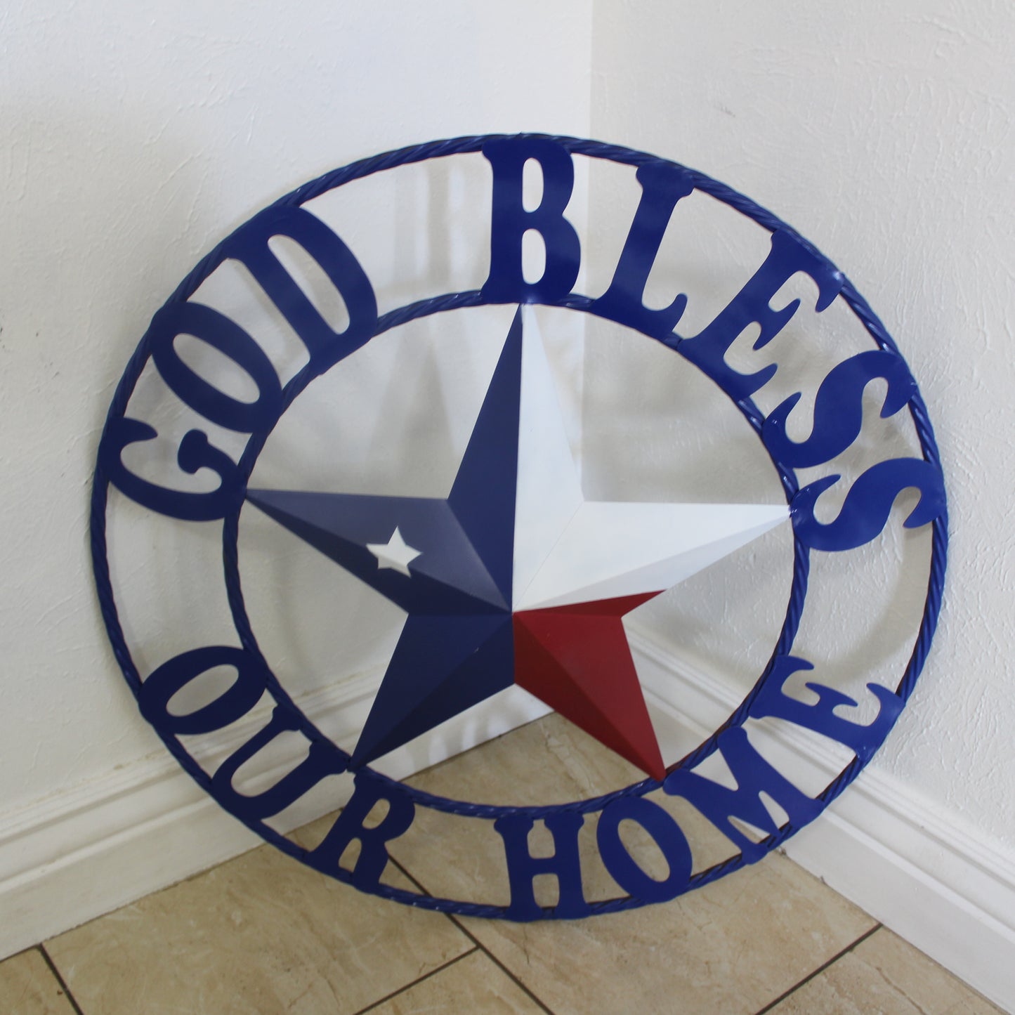 GOD BLESS OUR HOME BARN STAR INK BLUE METAL LONE STAR TWISTED ROPE RING WESTERN HOME DECOR HANDMADE #EH12843