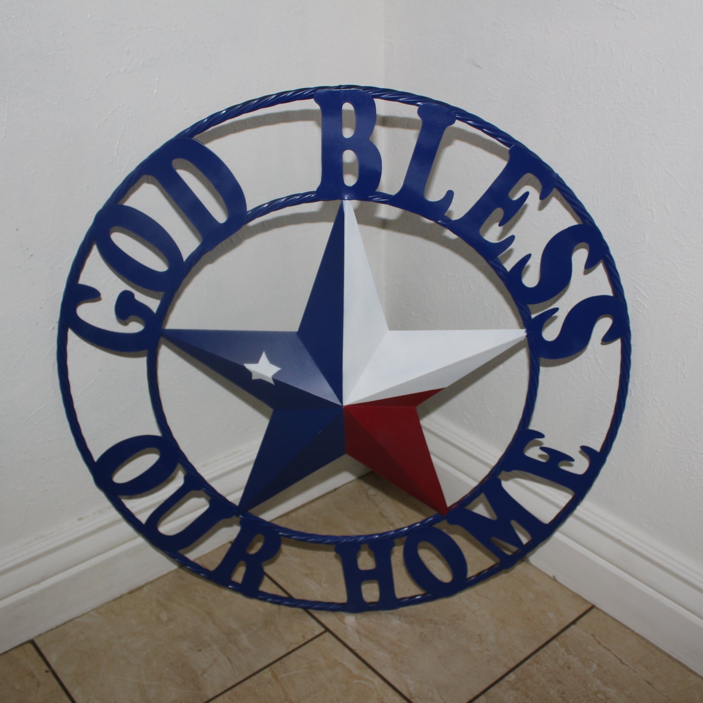GOD BLESS OUR HOME BARN STAR INK BLUE METAL LONE STAR TWISTED ROPE RING WESTERN HOME DECOR HANDMADE #EH12843