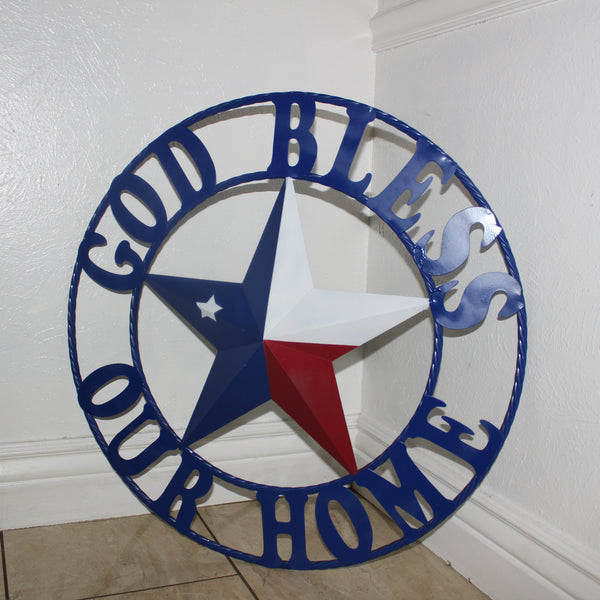 GOD BLESS OUR HOME BARN STAR INK BLUE METAL LONE STAR TWISTED ROPE RING WESTERN HOME DECOR HANDMADE #EH12843
