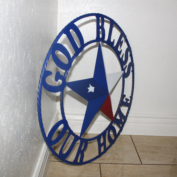GOD BLESS OUR HOME BARN STAR INK BLUE METAL LONE STAR TWISTED ROPE RING WESTERN HOME DECOR HANDMADE #EH12843