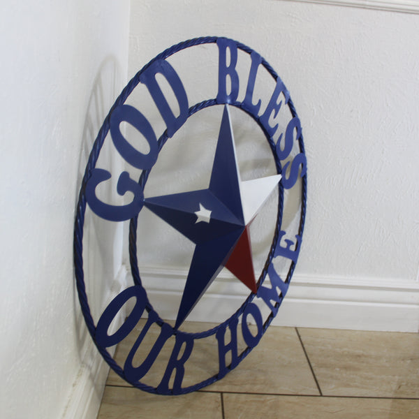 GOD BLESS OUR HOME BARN STAR INK BLUE METAL LONE STAR TWISTED ROPE RING WESTERN HOME DECOR HANDMADE #EH12843