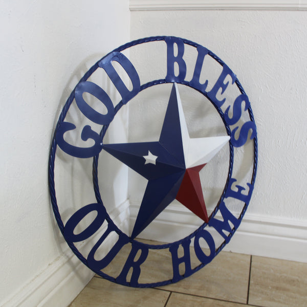 GOD BLESS OUR HOME BARN STAR INK BLUE METAL LONE STAR TWISTED ROPE RING WESTERN HOME DECOR HANDMADE #EH12843