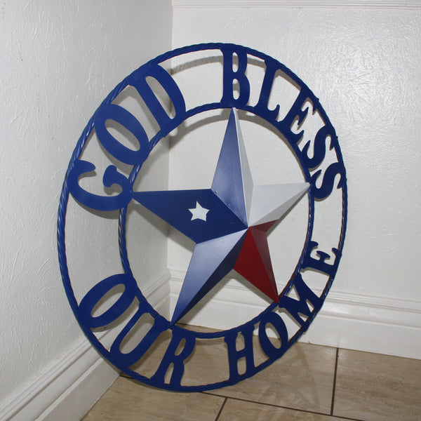GOD BLESS OUR HOME BARN STAR INK BLUE METAL LONE STAR TWISTED ROPE RING WESTERN HOME DECOR HANDMADE #EH12843