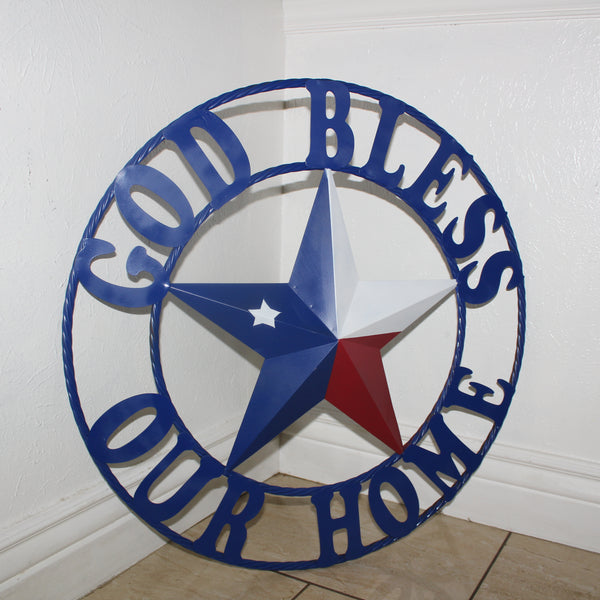 GOD BLESS OUR HOME BARN STAR INK BLUE METAL LONE STAR TWISTED ROPE RING WESTERN HOME DECOR HANDMADE #EH12843