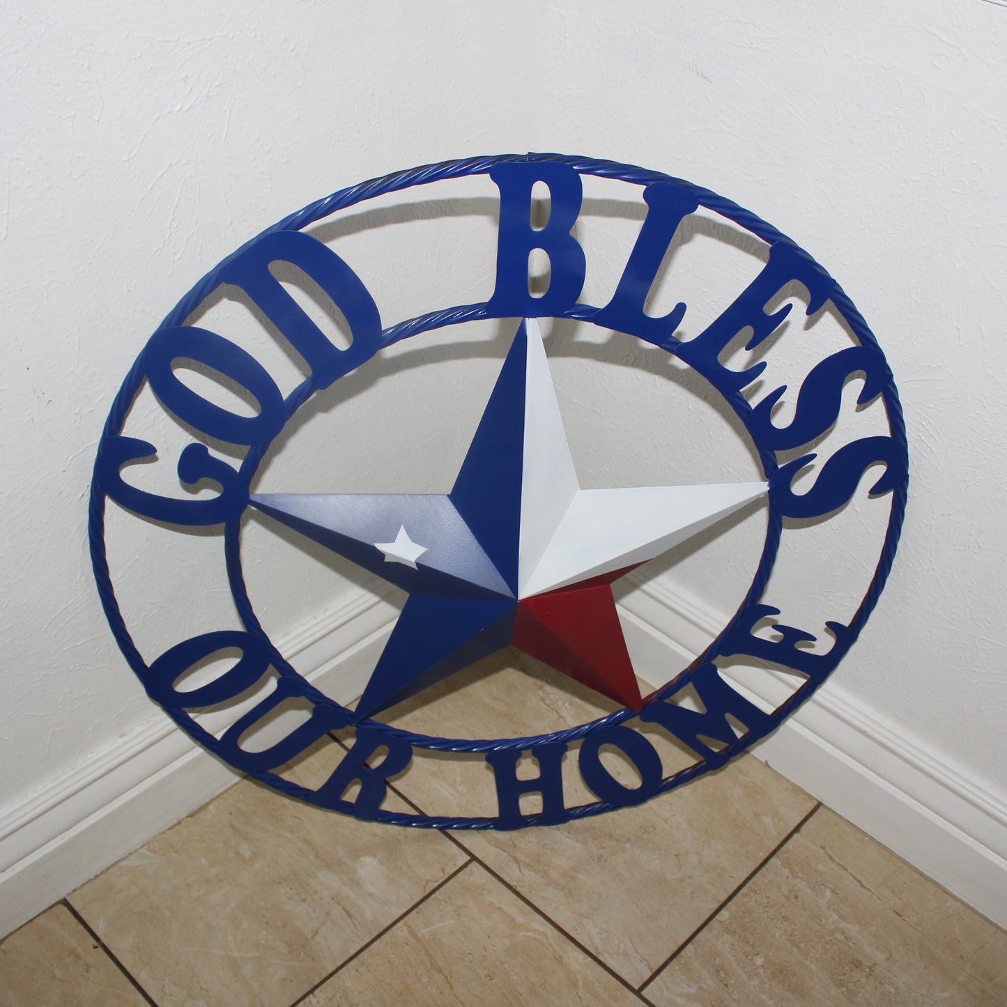 GOD BLESS OUR HOME BARN STAR INK BLUE METAL LONE STAR TWISTED ROPE RING WESTERN HOME DECOR HANDMADE #EH12843