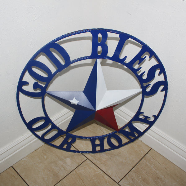 GOD BLESS OUR HOME BARN STAR INK BLUE METAL LONE STAR TWISTED ROPE RING WESTERN HOME DECOR HANDMADE #EH12843