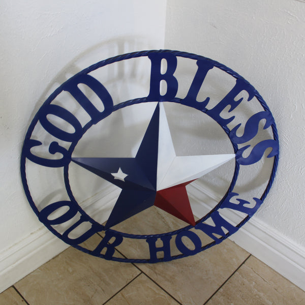 GOD BLESS OUR HOME BARN STAR INK BLUE METAL LONE STAR TWISTED ROPE RING WESTERN HOME DECOR HANDMADE #EH12843