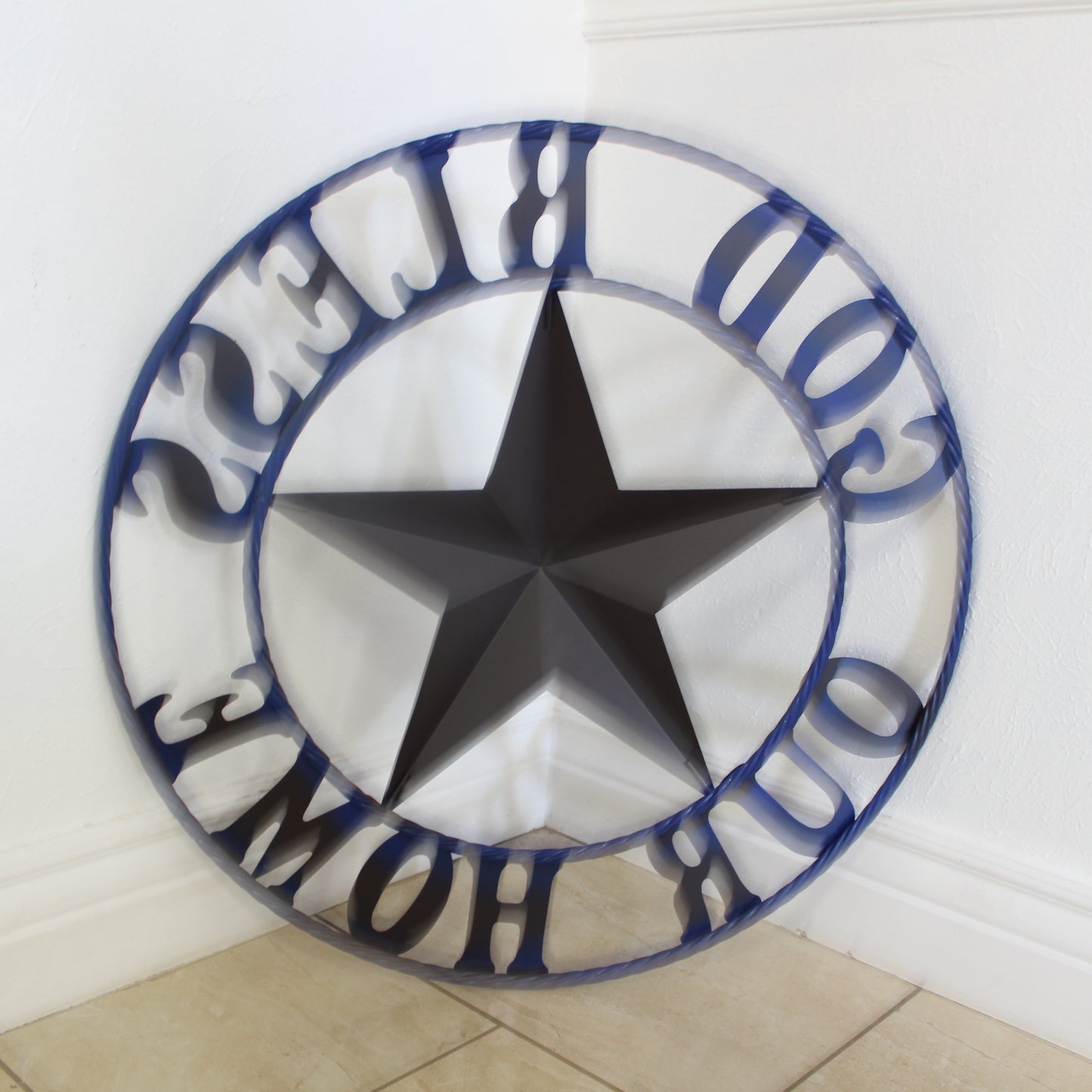 GOD BLESS OUR HOME BARN STAR INK BLUE METAL LONE STAR TWISTED ROPE RING WESTERN HOME DECOR HANDMADE #EH12843