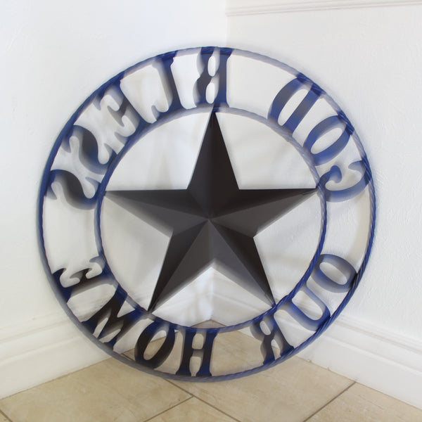 GOD BLESS OUR HOME BARN STAR INK BLUE METAL LONE STAR TWISTED ROPE RING WESTERN HOME DECOR HANDMADE #EH12843