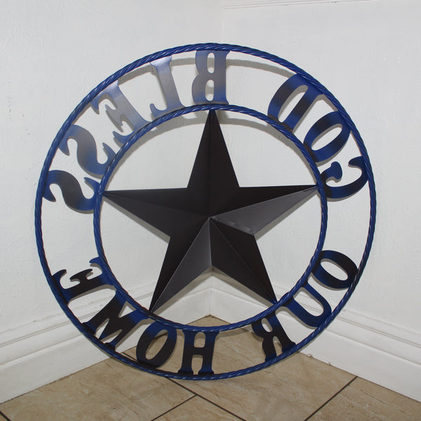 GOD BLESS OUR HOME BARN STAR INK BLUE METAL LONE STAR TWISTED ROPE RING WESTERN HOME DECOR HANDMADE #EH12843