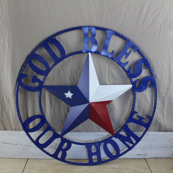 GOD BLESS OUR HOME BARN STAR INK BLUE METAL LONE STAR TWISTED ROPE RING WESTERN HOME DECOR HANDMADE #EH12843
