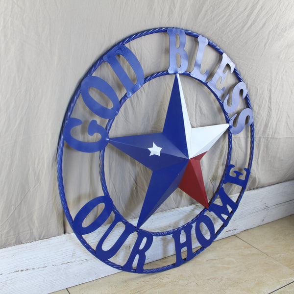 GOD BLESS OUR HOME BARN STAR INK BLUE METAL LONE STAR TWISTED ROPE RING WESTERN HOME DECOR HANDMADE #EH12843