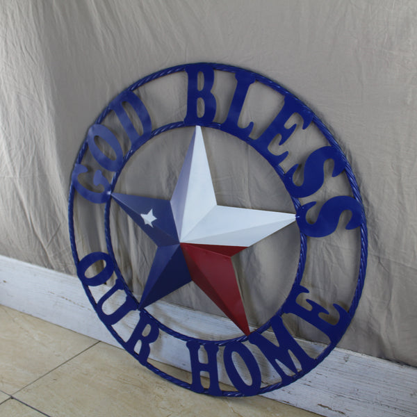 GOD BLESS OUR HOME BARN STAR INK BLUE METAL LONE STAR TWISTED ROPE RING WESTERN HOME DECOR HANDMADE #EH12843