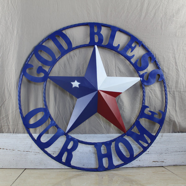 GOD BLESS OUR HOME BARN STAR INK BLUE METAL LONE STAR TWISTED ROPE RING WESTERN HOME DECOR HANDMADE #EH12843