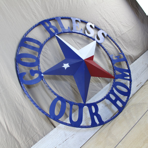 GOD BLESS OUR HOME BARN STAR INK BLUE METAL LONE STAR TWISTED ROPE RING WESTERN HOME DECOR HANDMADE #EH12843