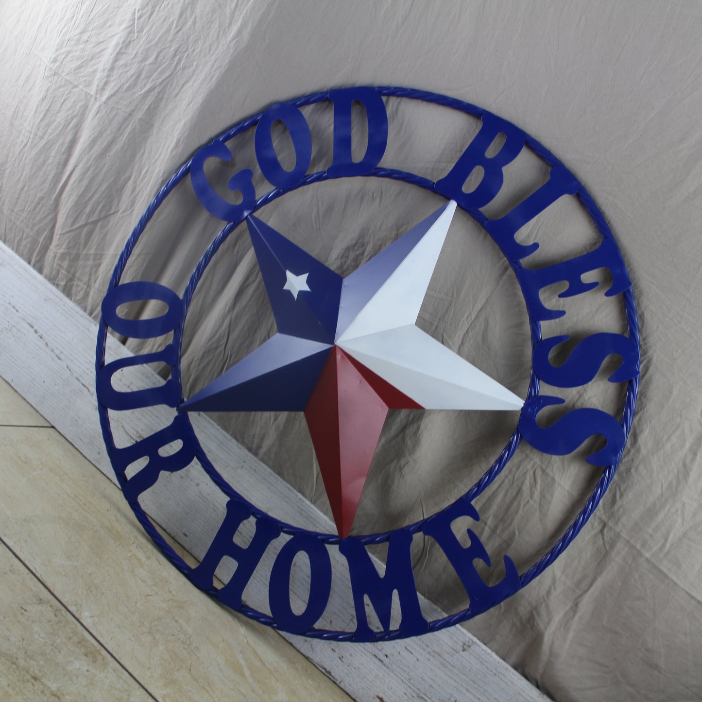 GOD BLESS OUR HOME BARN STAR INK BLUE METAL LONE STAR TWISTED ROPE RING WESTERN HOME DECOR HANDMADE #EH12843