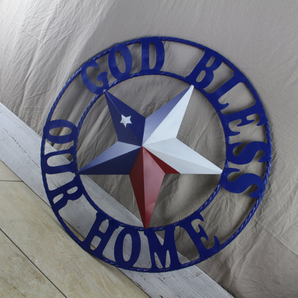 GOD BLESS OUR HOME BARN STAR INK BLUE METAL LONE STAR TWISTED ROPE RING WESTERN HOME DECOR HANDMADE #EH12843