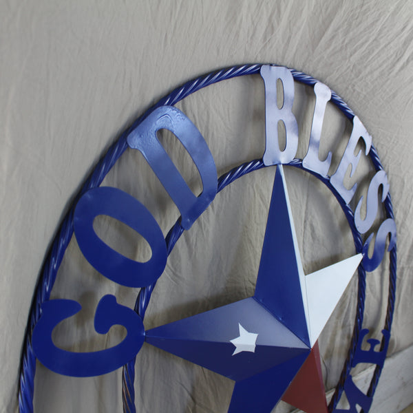 GOD BLESS OUR HOME BARN STAR INK BLUE METAL LONE STAR TWISTED ROPE RING WESTERN HOME DECOR HANDMADE #EH12843