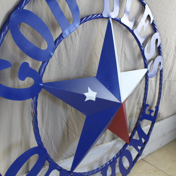 GOD BLESS OUR HOME BARN STAR INK BLUE METAL LONE STAR TWISTED ROPE RING WESTERN HOME DECOR HANDMADE #EH12843