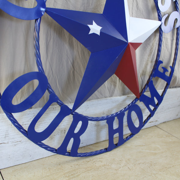 GOD BLESS OUR HOME BARN STAR INK BLUE METAL LONE STAR TWISTED ROPE RING WESTERN HOME DECOR HANDMADE #EH12843