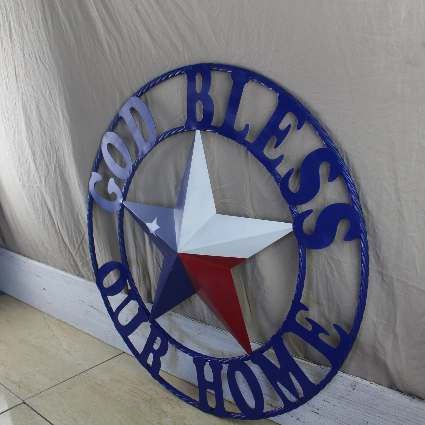GOD BLESS OUR HOME BARN STAR INK BLUE METAL LONE STAR TWISTED ROPE RING WESTERN HOME DECOR HANDMADE #EH12843
