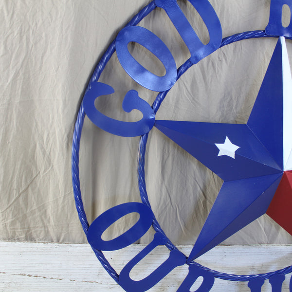 GOD BLESS OUR HOME BARN STAR INK BLUE METAL LONE STAR TWISTED ROPE RING WESTERN HOME DECOR HANDMADE #EH12843