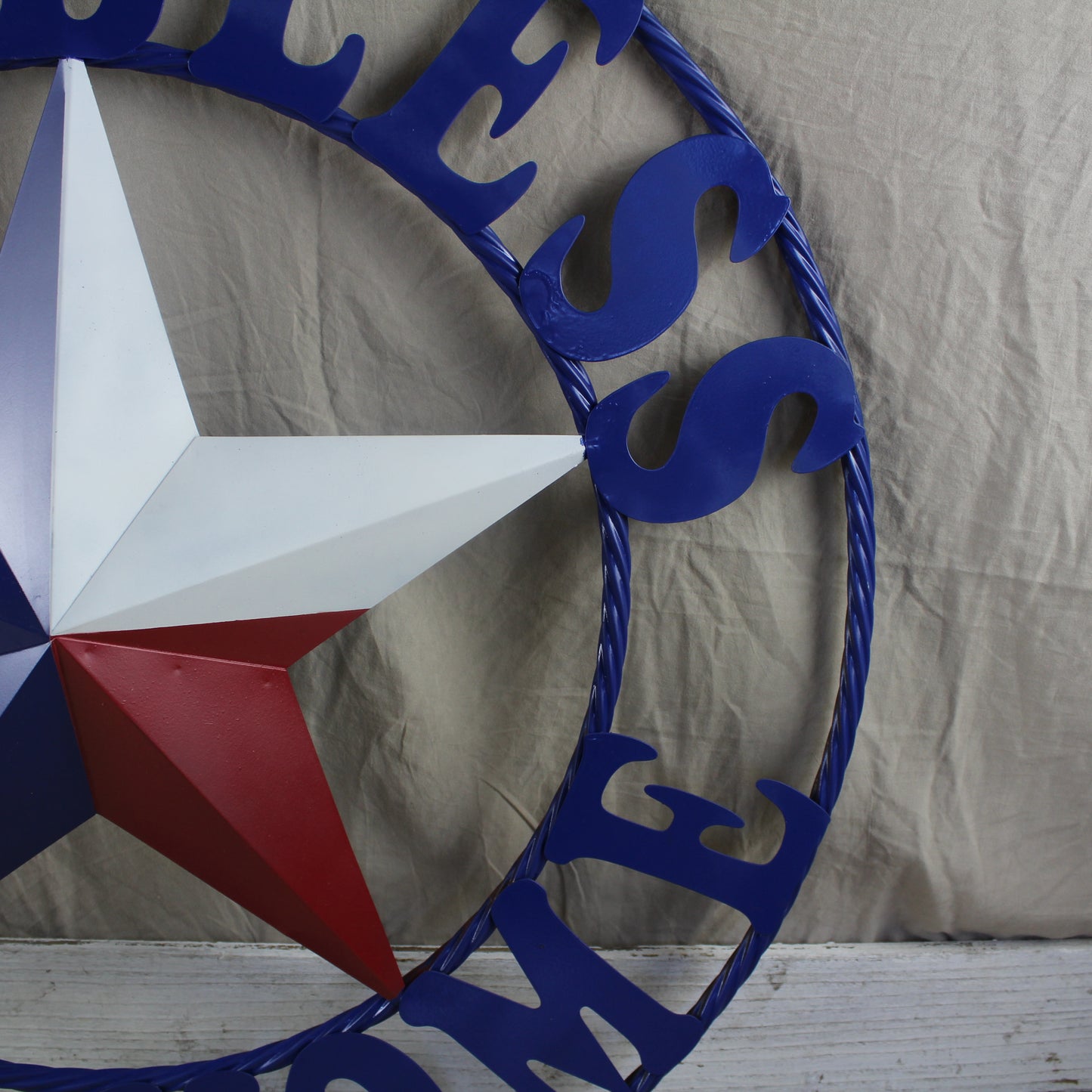 GOD BLESS OUR HOME BARN STAR INK BLUE METAL LONE STAR TWISTED ROPE RING WESTERN HOME DECOR HANDMADE #EH12843