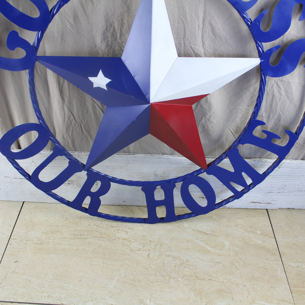 GOD BLESS OUR HOME BARN STAR INK BLUE METAL LONE STAR TWISTED ROPE RING WESTERN HOME DECOR HANDMADE #EH12843