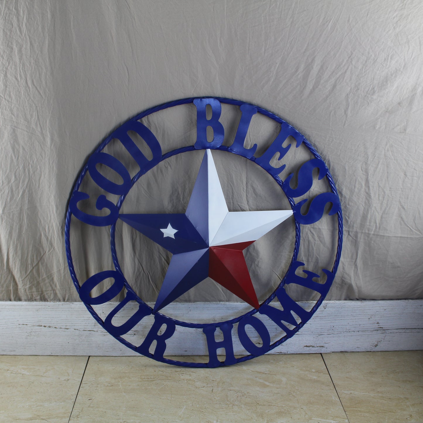 GOD BLESS OUR HOME BARN STAR INK BLUE METAL LONE STAR TWISTED ROPE RING WESTERN HOME DECOR HANDMADE #EH12843