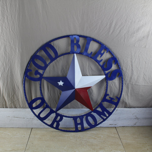 GOD BLESS OUR HOME BARN STAR INK BLUE METAL LONE STAR TWISTED ROPE RING WESTERN HOME DECOR HANDMADE #EH12843