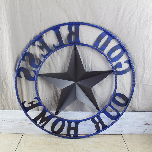GOD BLESS OUR HOME BARN STAR INK BLUE METAL LONE STAR TWISTED ROPE RING WESTERN HOME DECOR HANDMADE #EH12843