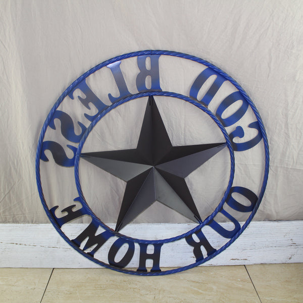 GOD BLESS OUR HOME BARN STAR INK BLUE METAL LONE STAR TWISTED ROPE RING WESTERN HOME DECOR HANDMADE #EH12843
