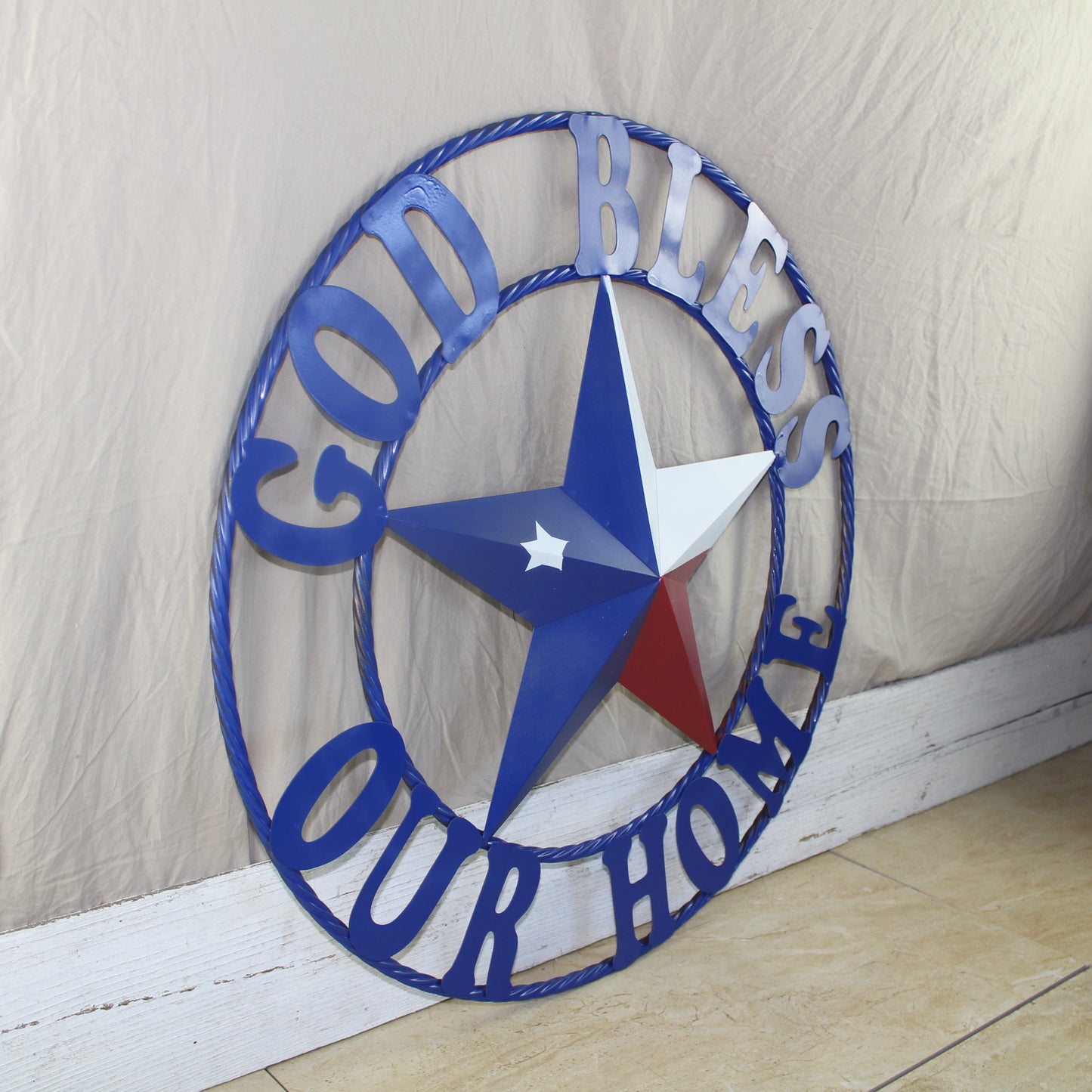 GOD BLESS OUR HOME BARN STAR INK BLUE METAL LONE STAR TWISTED ROPE RING WESTERN HOME DECOR HANDMADE #EH12843