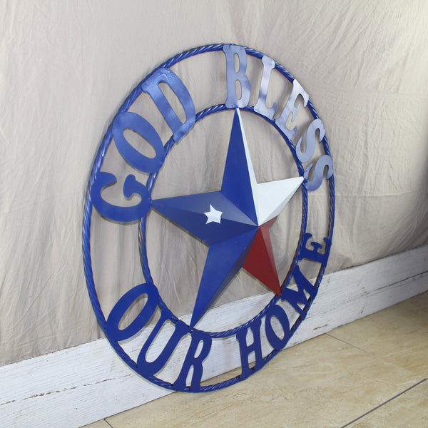 GOD BLESS OUR HOME BARN STAR INK BLUE METAL LONE STAR TWISTED ROPE RING WESTERN HOME DECOR HANDMADE #EH12843