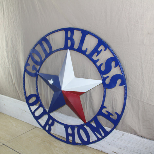 GOD BLESS OUR HOME BARN STAR INK BLUE METAL LONE STAR TWISTED ROPE RING WESTERN HOME DECOR HANDMADE #EH12843