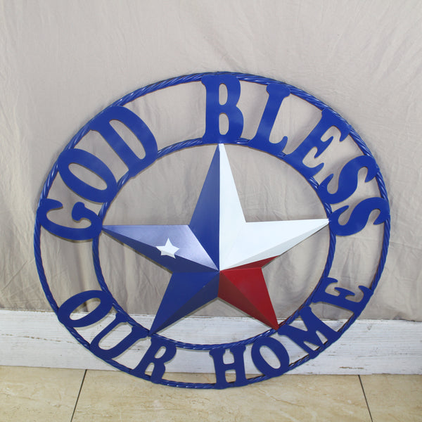 GOD BLESS OUR HOME BARN STAR INK BLUE METAL LONE STAR TWISTED ROPE RING WESTERN HOME DECOR HANDMADE #EH12843