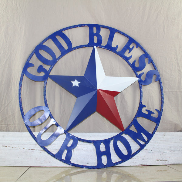 GOD BLESS OUR HOME BARN STAR INK BLUE METAL LONE STAR TWISTED ROPE RING WESTERN HOME DECOR HANDMADE #EH12843