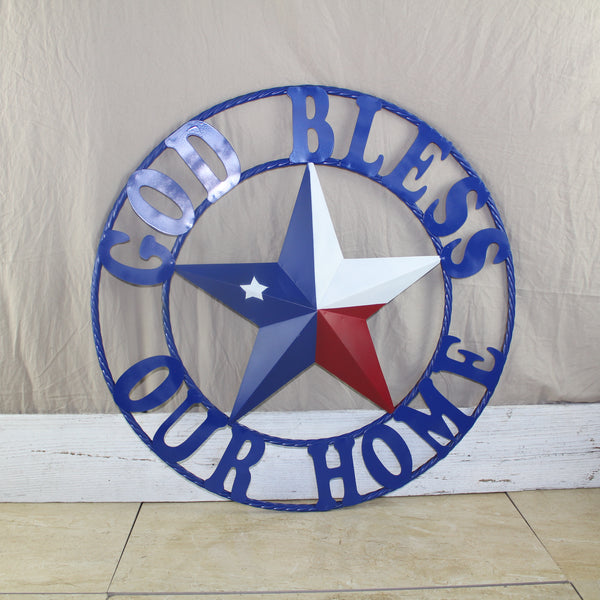 GOD BLESS OUR HOME BARN STAR INK BLUE METAL LONE STAR TWISTED ROPE RING WESTERN HOME DECOR HANDMADE #EH12843
