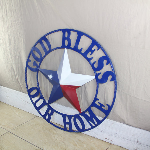 GOD BLESS OUR HOME BARN STAR INK BLUE METAL LONE STAR TWISTED ROPE RING WESTERN HOME DECOR HANDMADE #EH12843