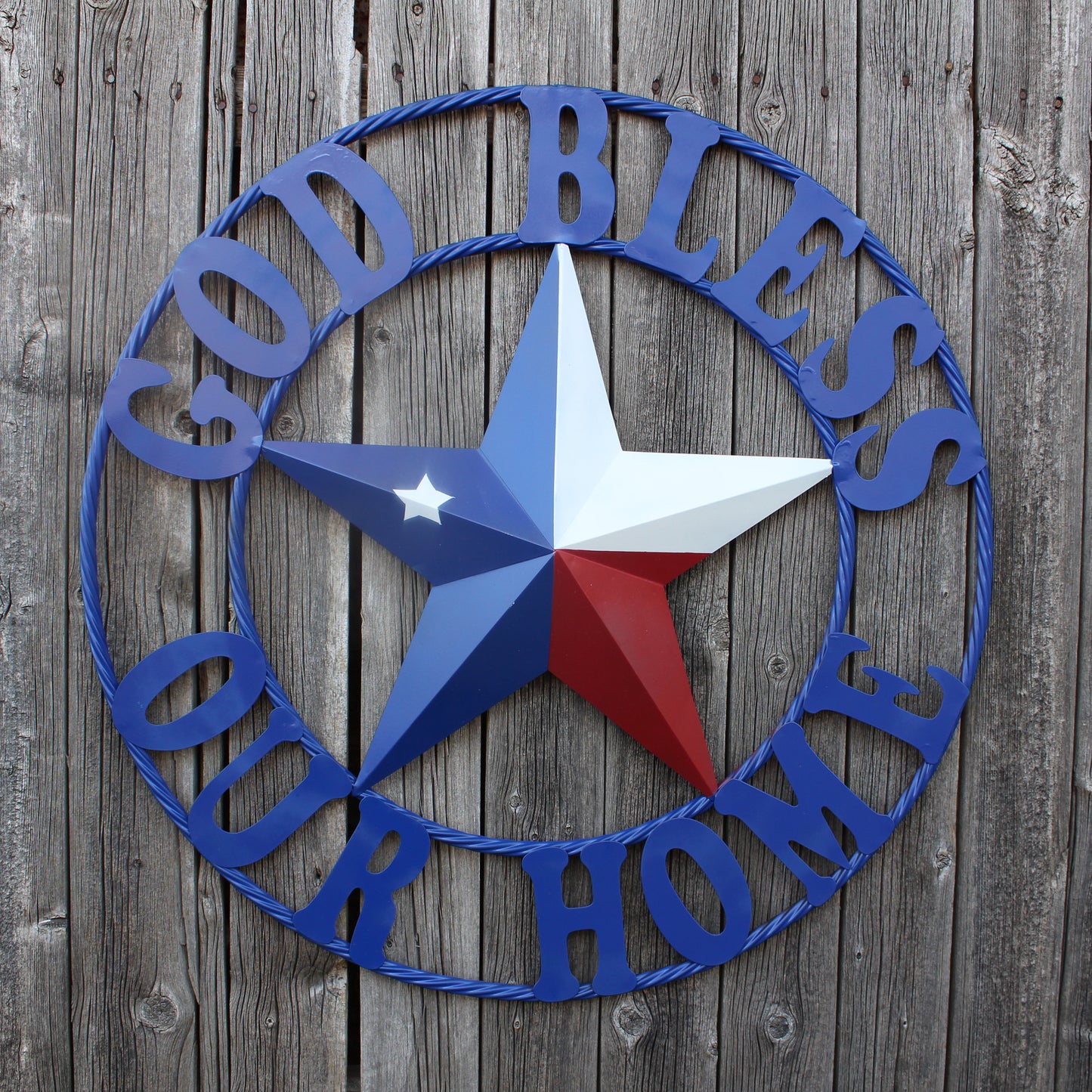 GOD BLESS OUR HOME BARN STAR INK BLUE METAL LONE STAR TWISTED ROPE RING WESTERN HOME DECOR HANDMADE #EH12843