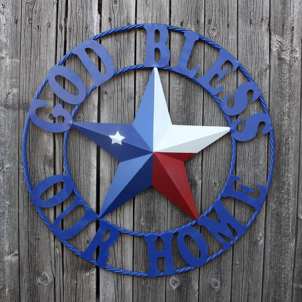 GOD BLESS OUR HOME BARN STAR INK BLUE METAL LONE STAR TWISTED ROPE RING WESTERN HOME DECOR HANDMADE #EH12843
