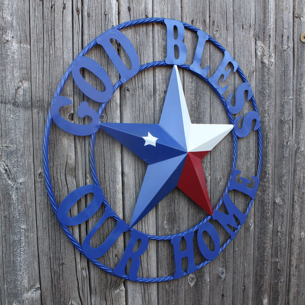 GOD BLESS OUR HOME BARN STAR INK BLUE METAL LONE STAR TWISTED ROPE RING WESTERN HOME DECOR HANDMADE #EH12843