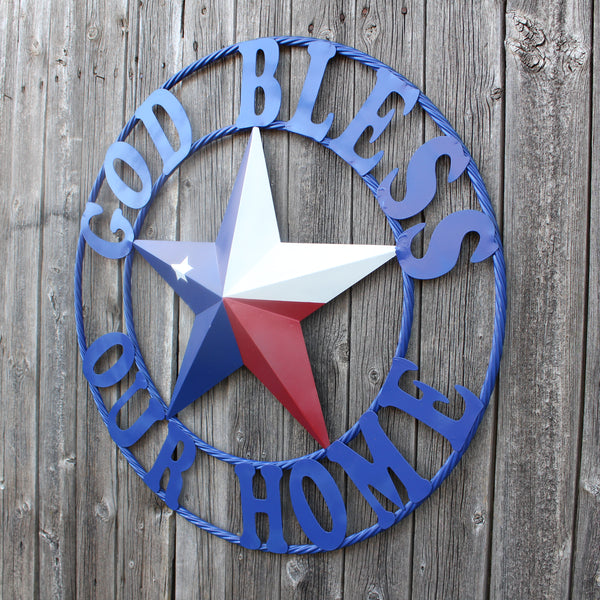 GOD BLESS OUR HOME BARN STAR INK BLUE METAL LONE STAR TWISTED ROPE RING WESTERN HOME DECOR HANDMADE #EH12843