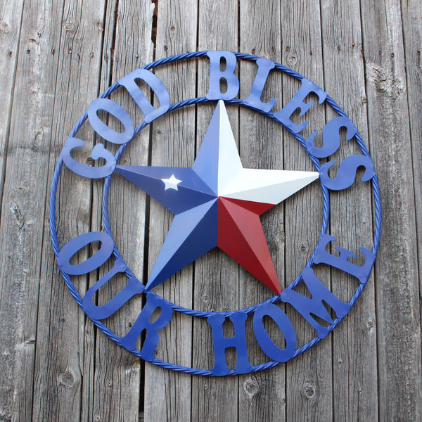 GOD BLESS OUR HOME BARN STAR INK BLUE METAL LONE STAR TWISTED ROPE RING WESTERN HOME DECOR HANDMADE #EH12843