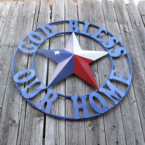 GOD BLESS OUR HOME BARN STAR INK BLUE METAL LONE STAR TWISTED ROPE RING WESTERN HOME DECOR HANDMADE #EH12843
