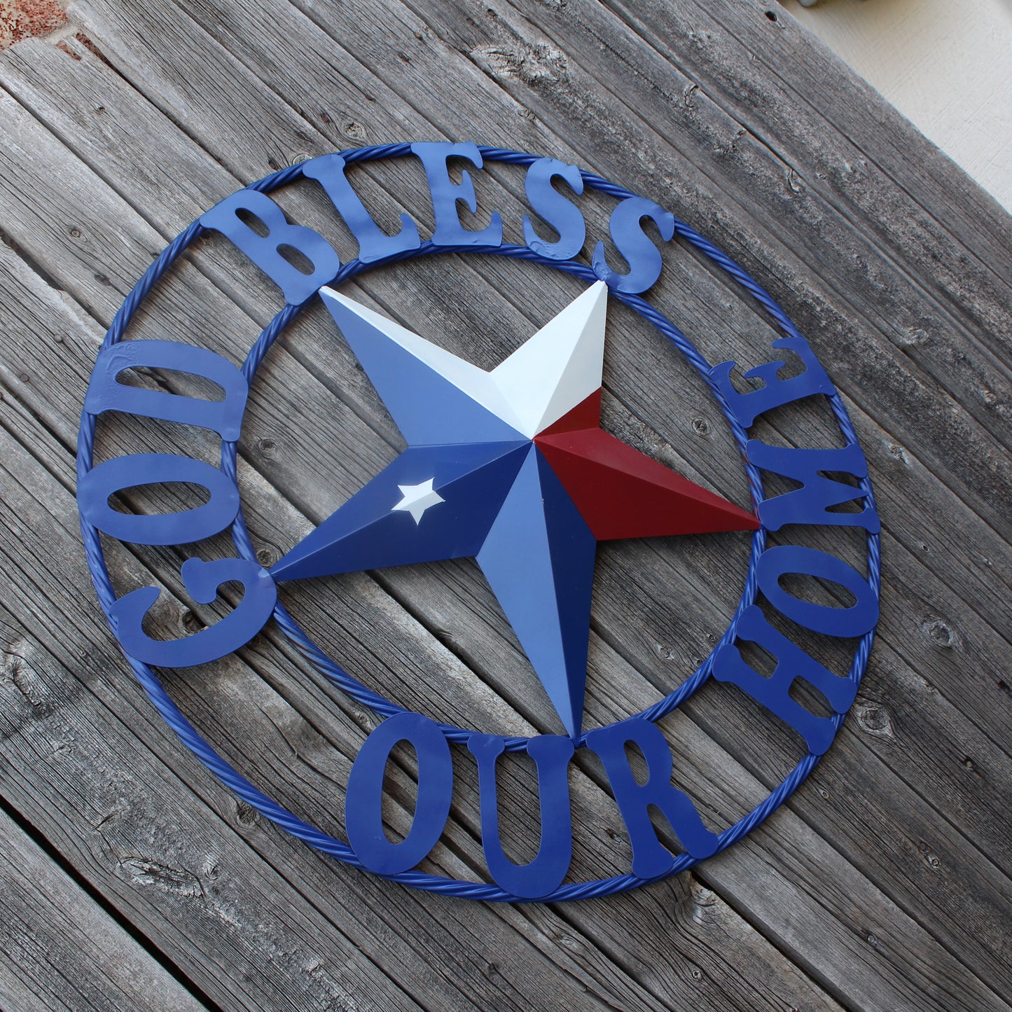 GOD BLESS OUR HOME BARN STAR INK BLUE METAL LONE STAR TWISTED ROPE RING WESTERN HOME DECOR HANDMADE #EH12843