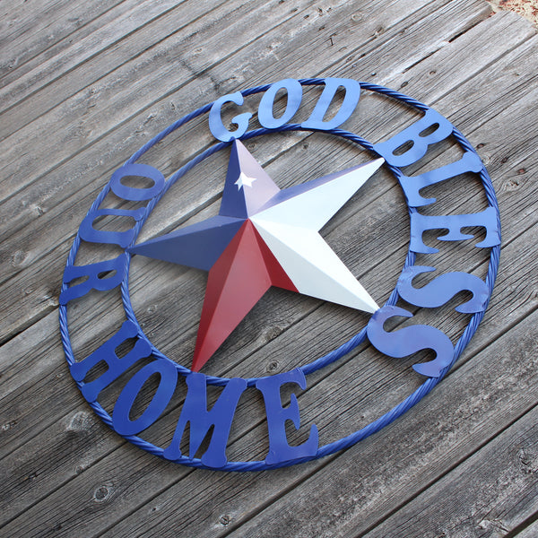 GOD BLESS OUR HOME BARN STAR INK BLUE METAL LONE STAR TWISTED ROPE RING WESTERN HOME DECOR HANDMADE #EH12843