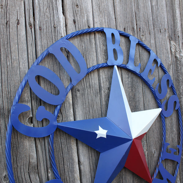 GOD BLESS OUR HOME BARN STAR INK BLUE METAL LONE STAR TWISTED ROPE RING WESTERN HOME DECOR HANDMADE #EH12843