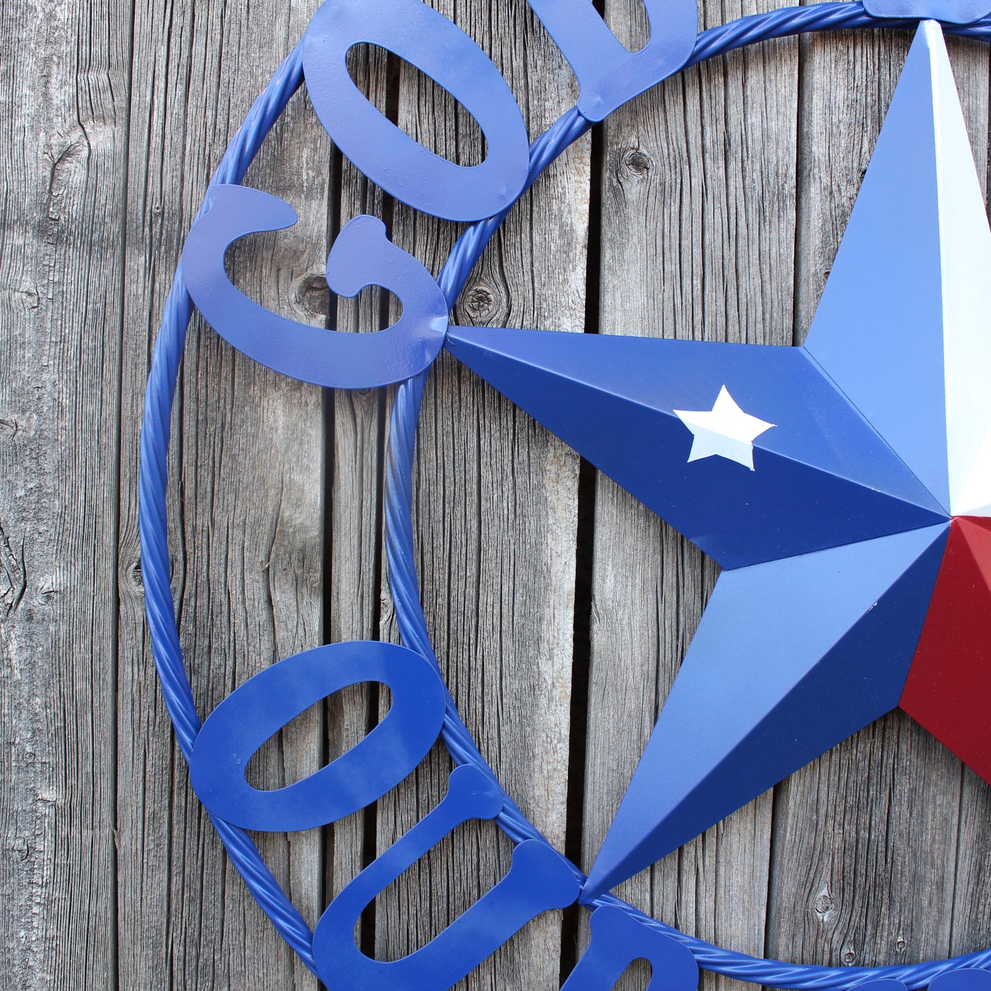GOD BLESS OUR HOME BARN STAR INK BLUE METAL LONE STAR TWISTED ROPE RING WESTERN HOME DECOR HANDMADE #EH12843
